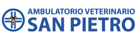 Logo dell'Ambulatorio Veterinario San Pietro, raffigurante una croce blu con il simbolo del caduceo veterinario sulla sinistra e il nome della clinica in grassetto blu e testo nero sulla destra.